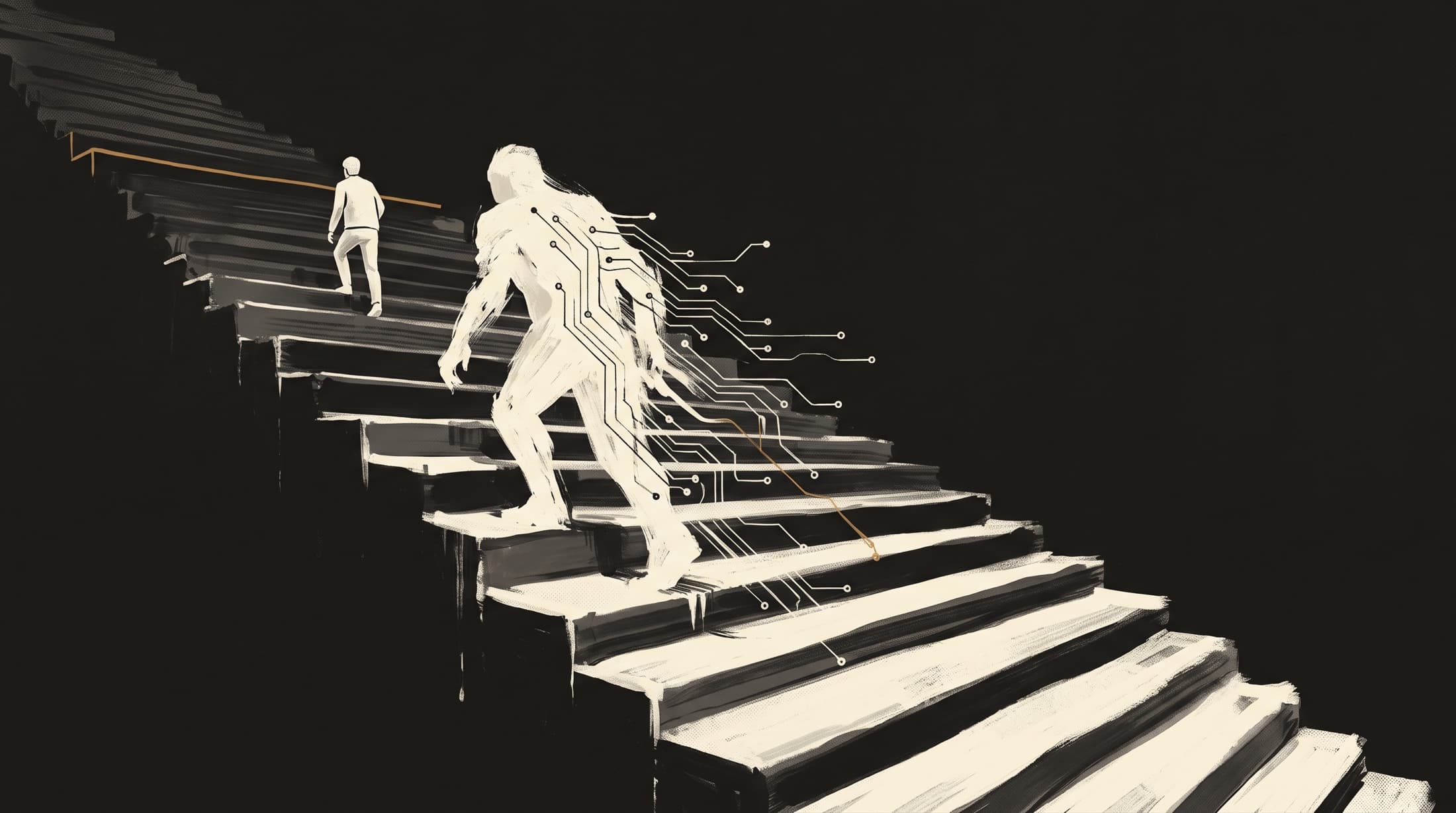 Two figures climbing a staircase, one of them wired with circuitry